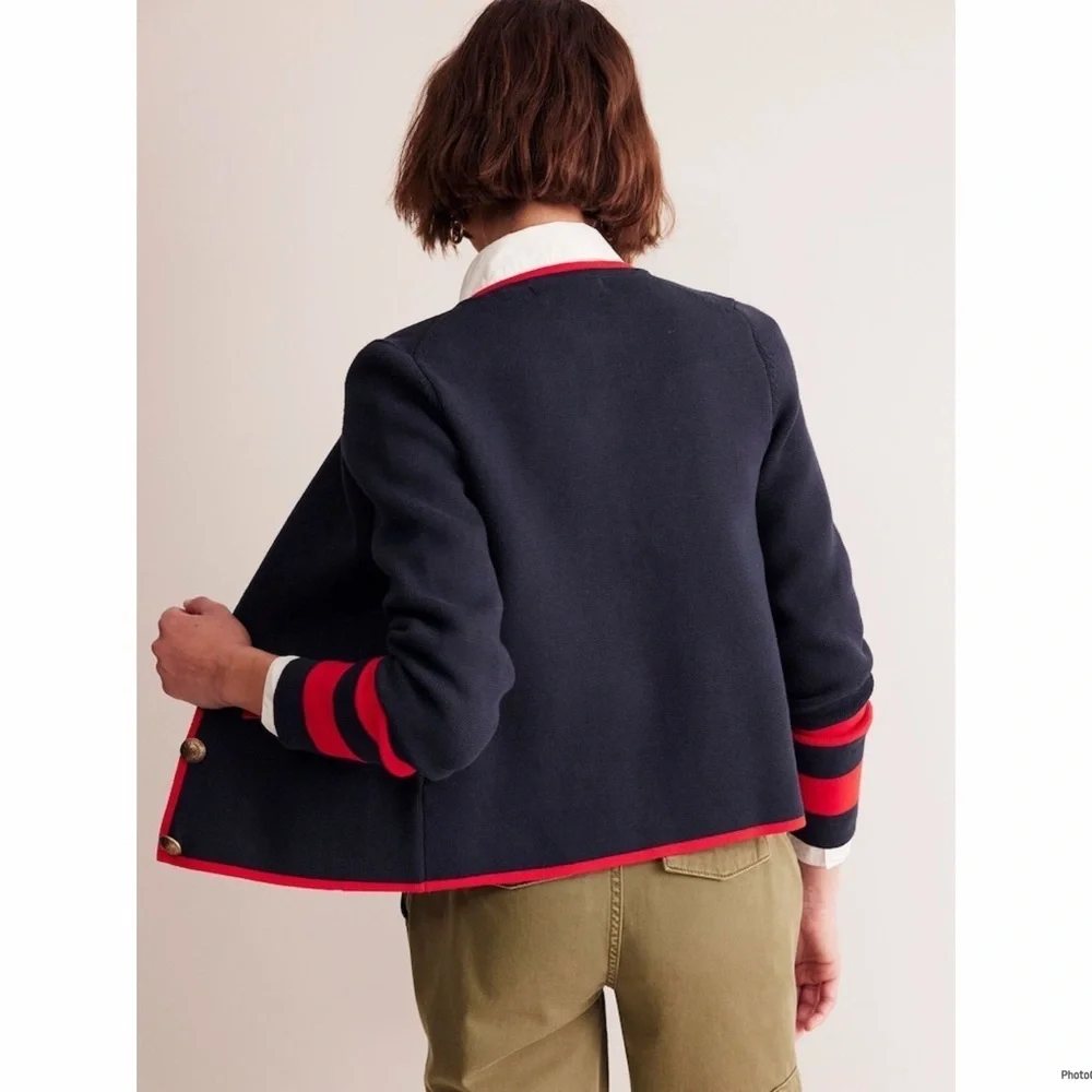 Boden Blue 100% Cotton Holly Knitted Cardigan Navy Red Knitted Size 16-18 NWT - Picture 2 of 13